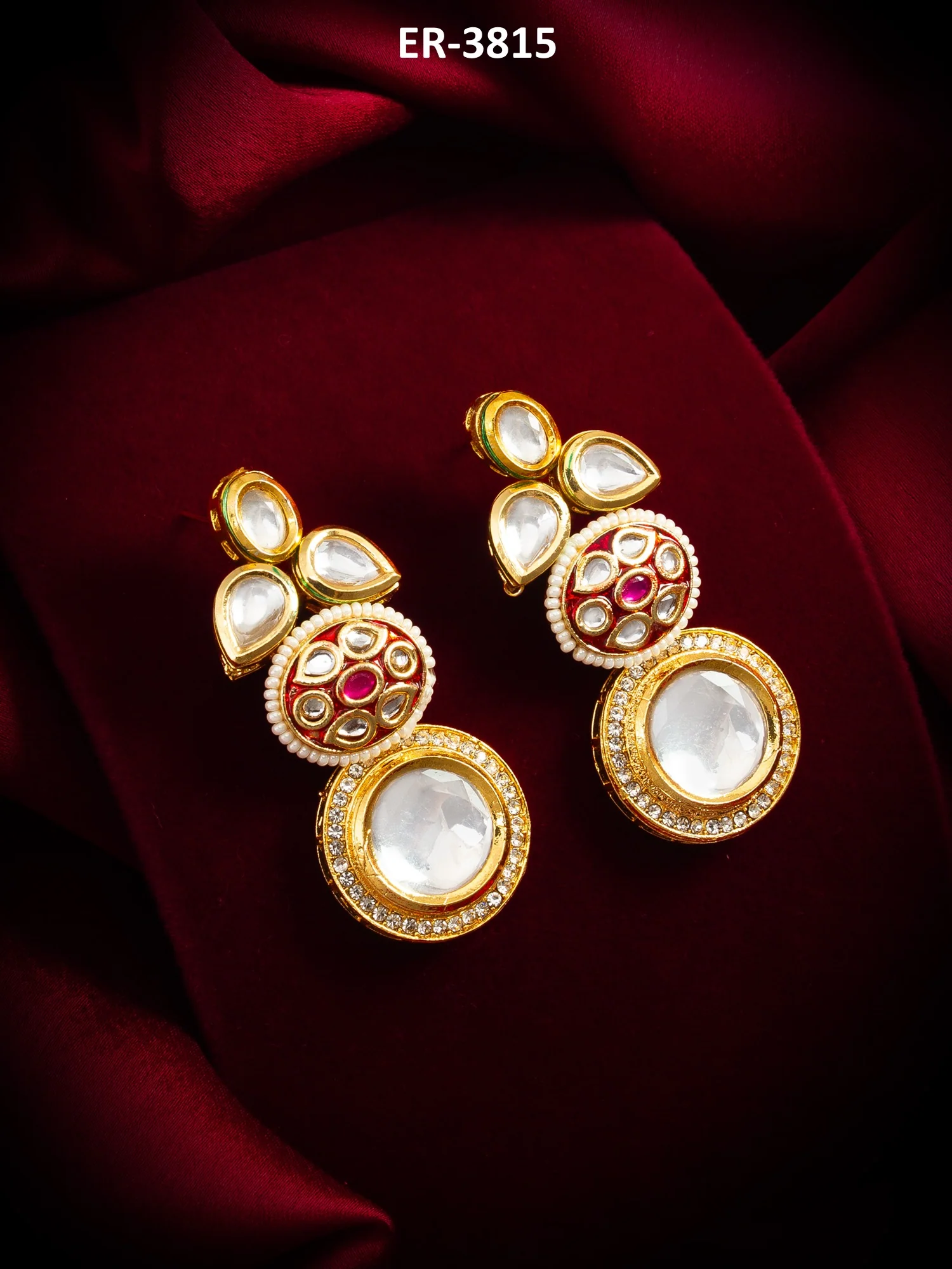 Gold-Plated Stone & Meenakari Circular Drop Earrings with Pearl - Image 5