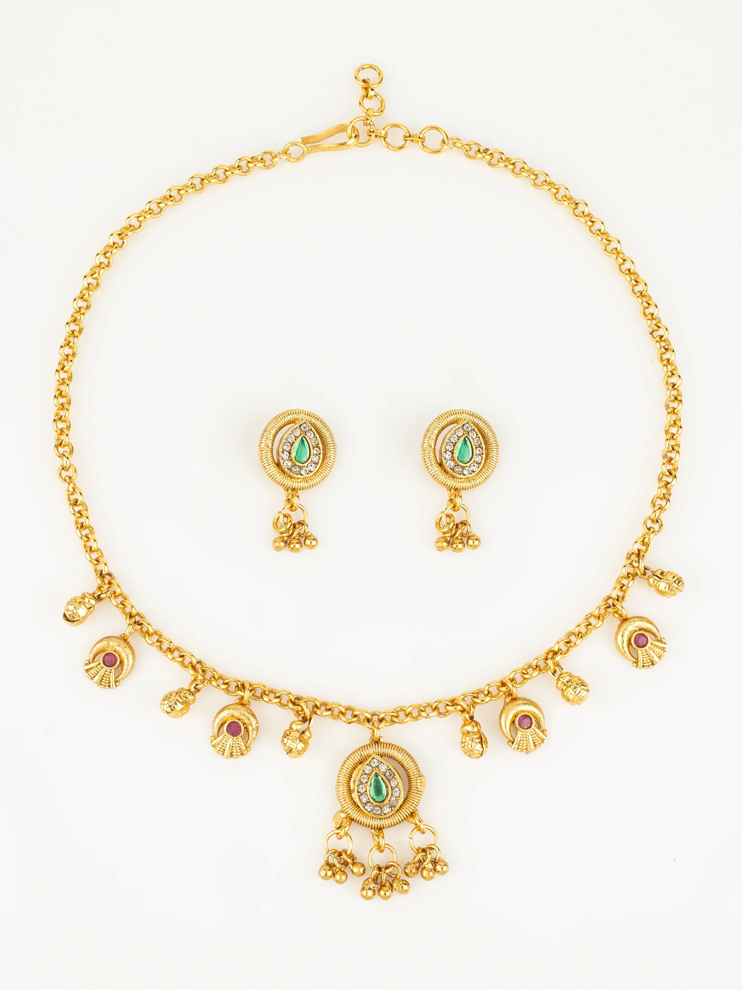 Gold-Plated Teardrop Stone Necklace Set for Women | Green & Pink Ethnic Jewellery with Earrings | Bridal & Festive Wear