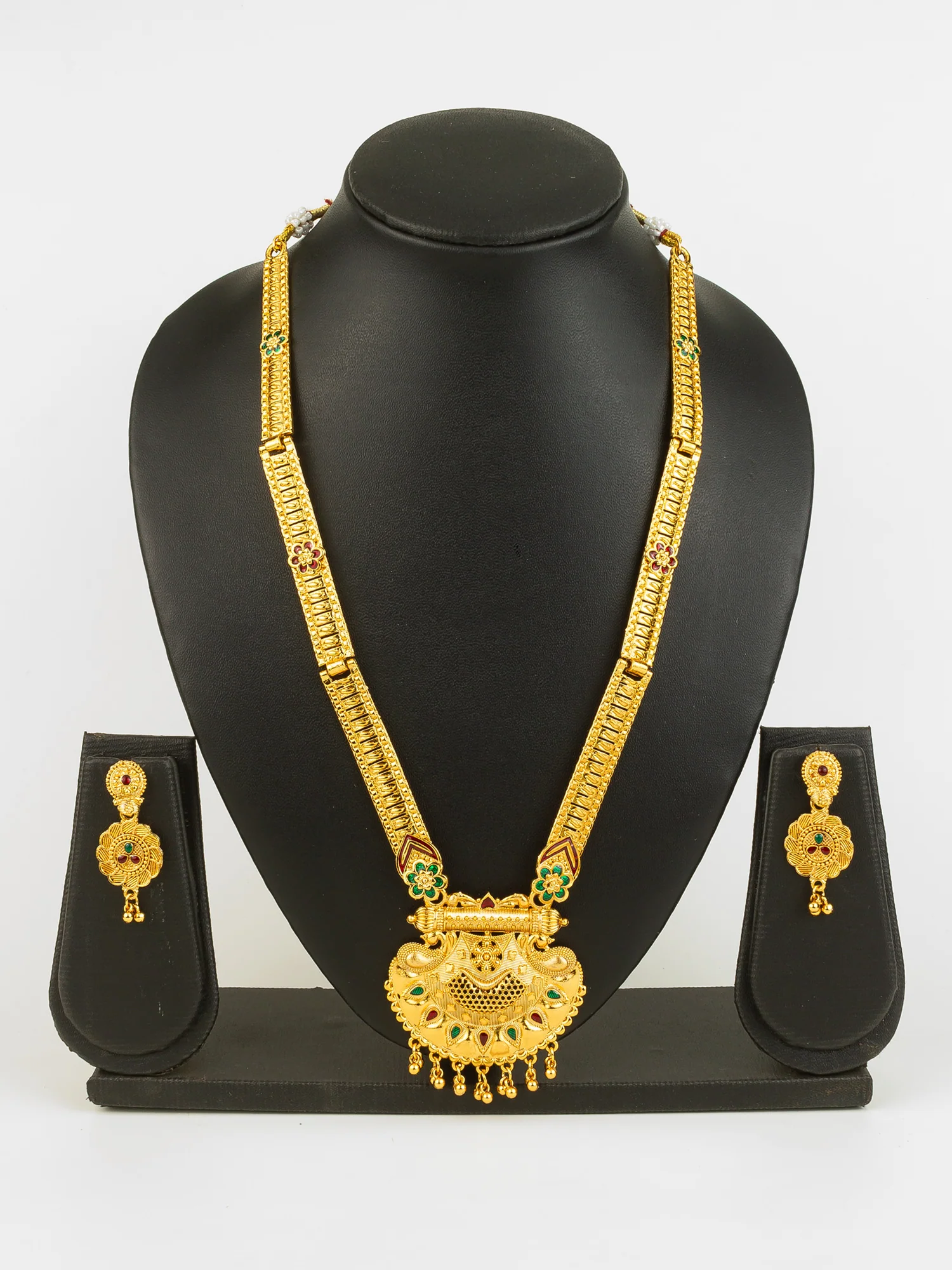 Gold Plated Traditional South Indian Long Necklace Set with Kemp Stones for Women - Image 5