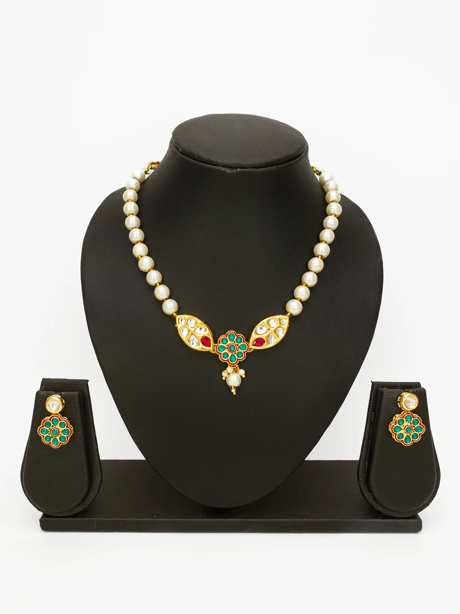 Gold Plated White Pearl Beaded Traditional Necklace Set - Image 4