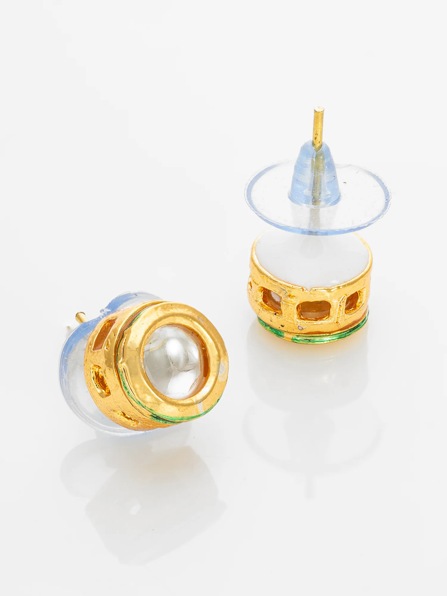 Gold Plated White Round Stud Earrings with Kundan Stones - Image 2