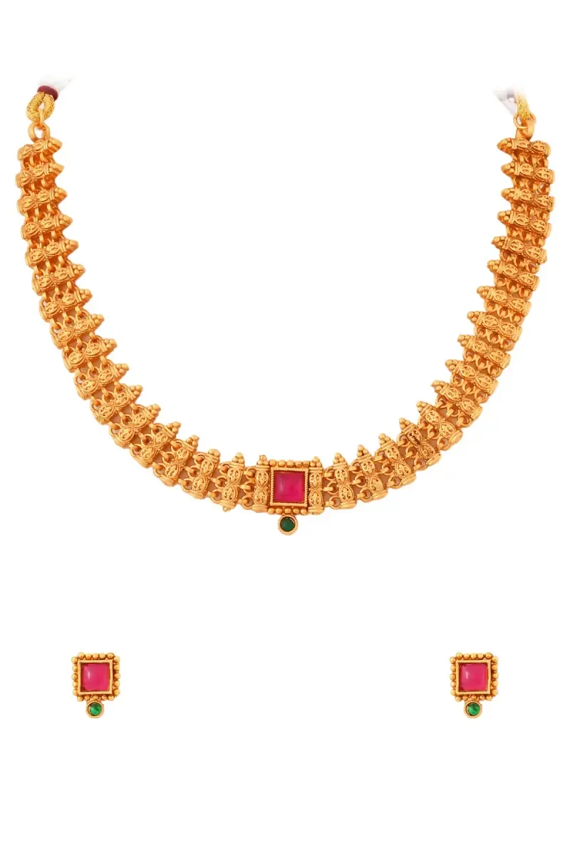 Gold Square Design Necklace with Earrings Set for Women - 1,Gold,18 Inch - Image 5
