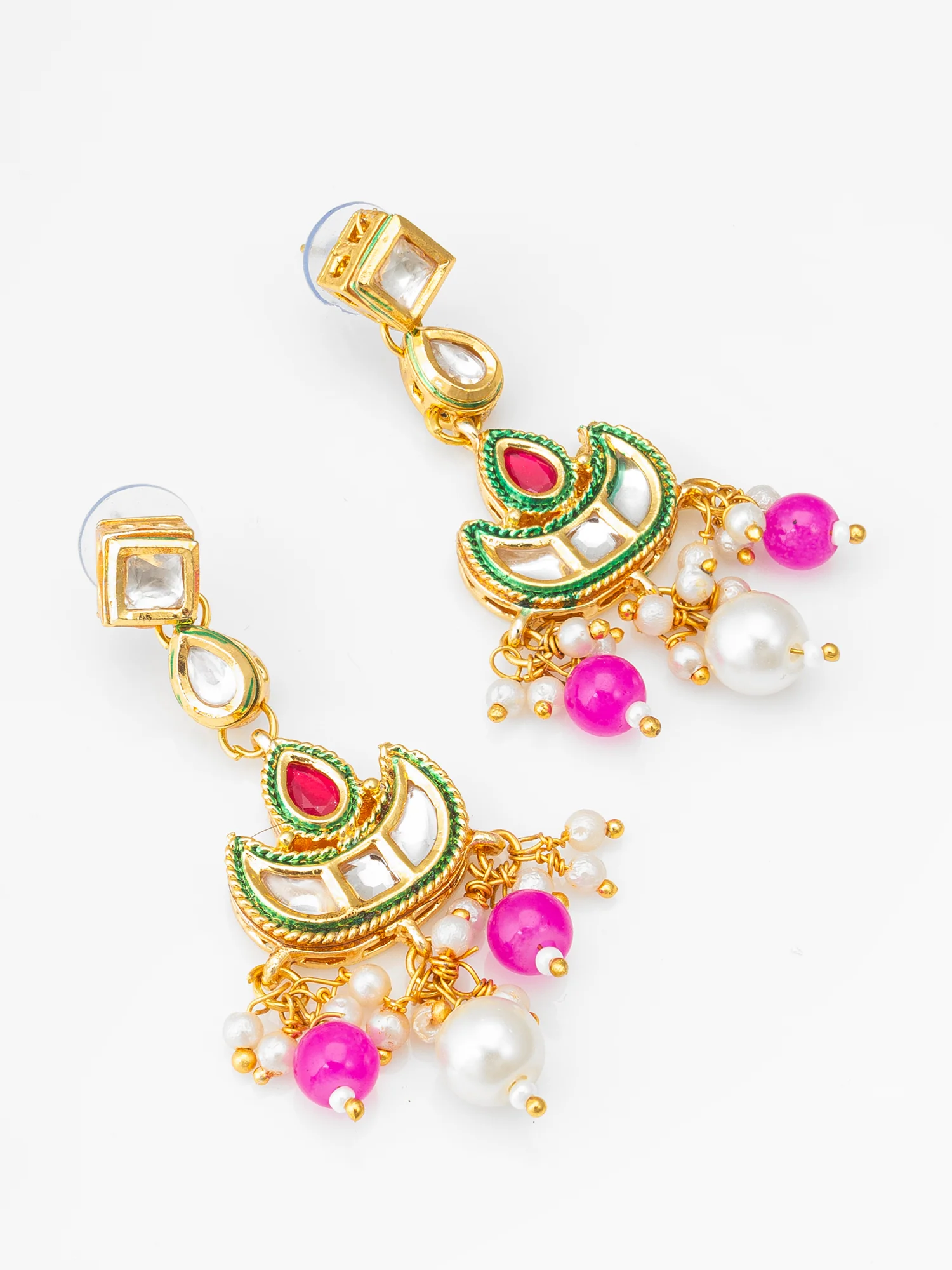 Gold-Tone Kundan Chandbali Earrings with Bead Drops