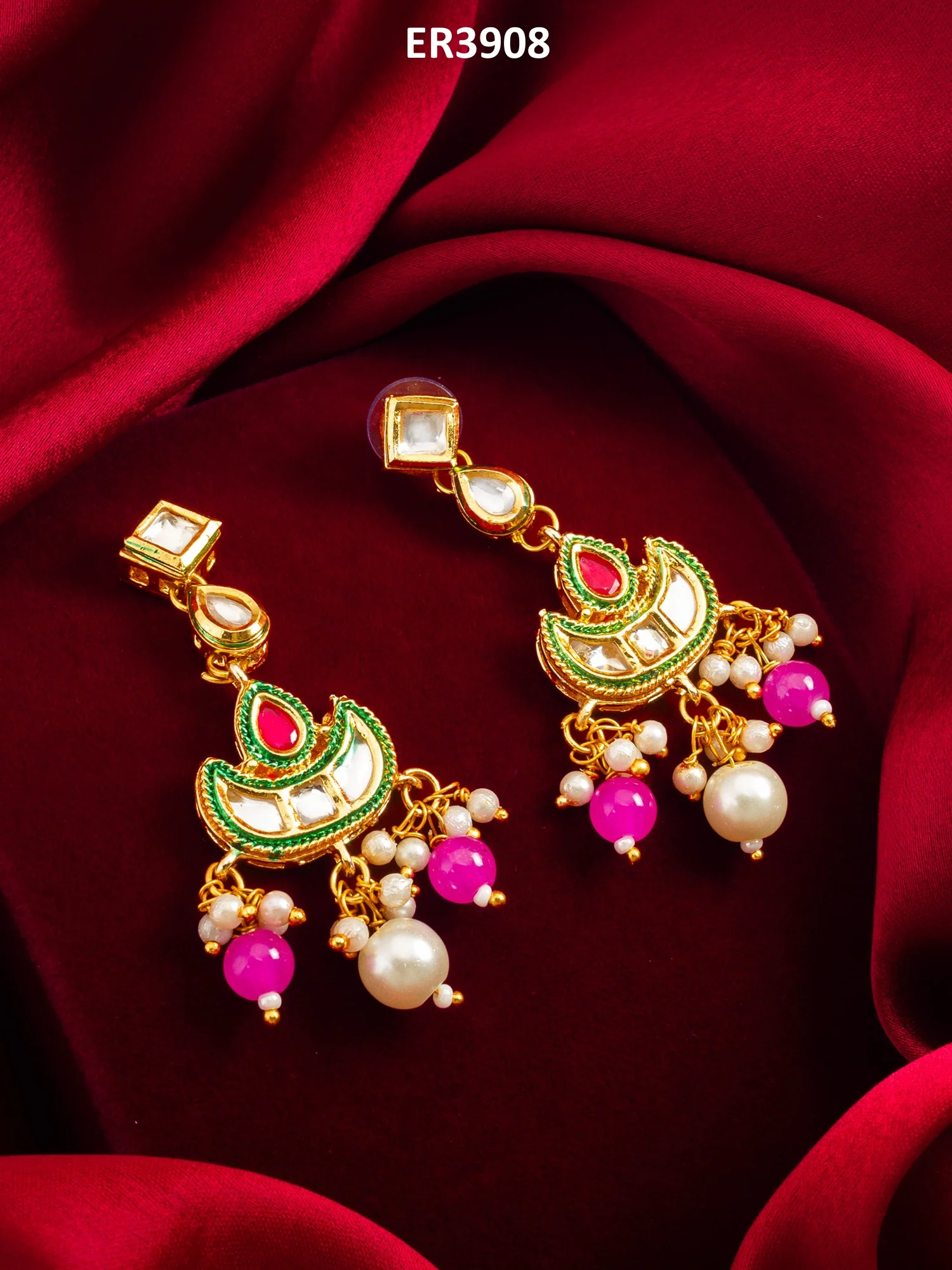 Gold-Tone Kundan Chandbali Earrings with Bead Drops - Image 5