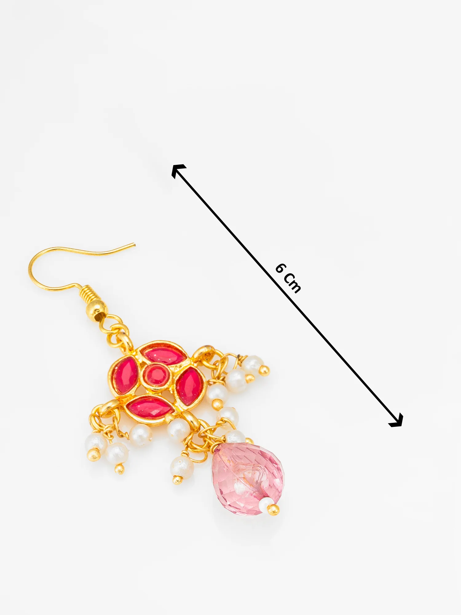 Gold-Toned Floral Earrings with Pearl Dangles and Pink Crystal Drop - Image 3