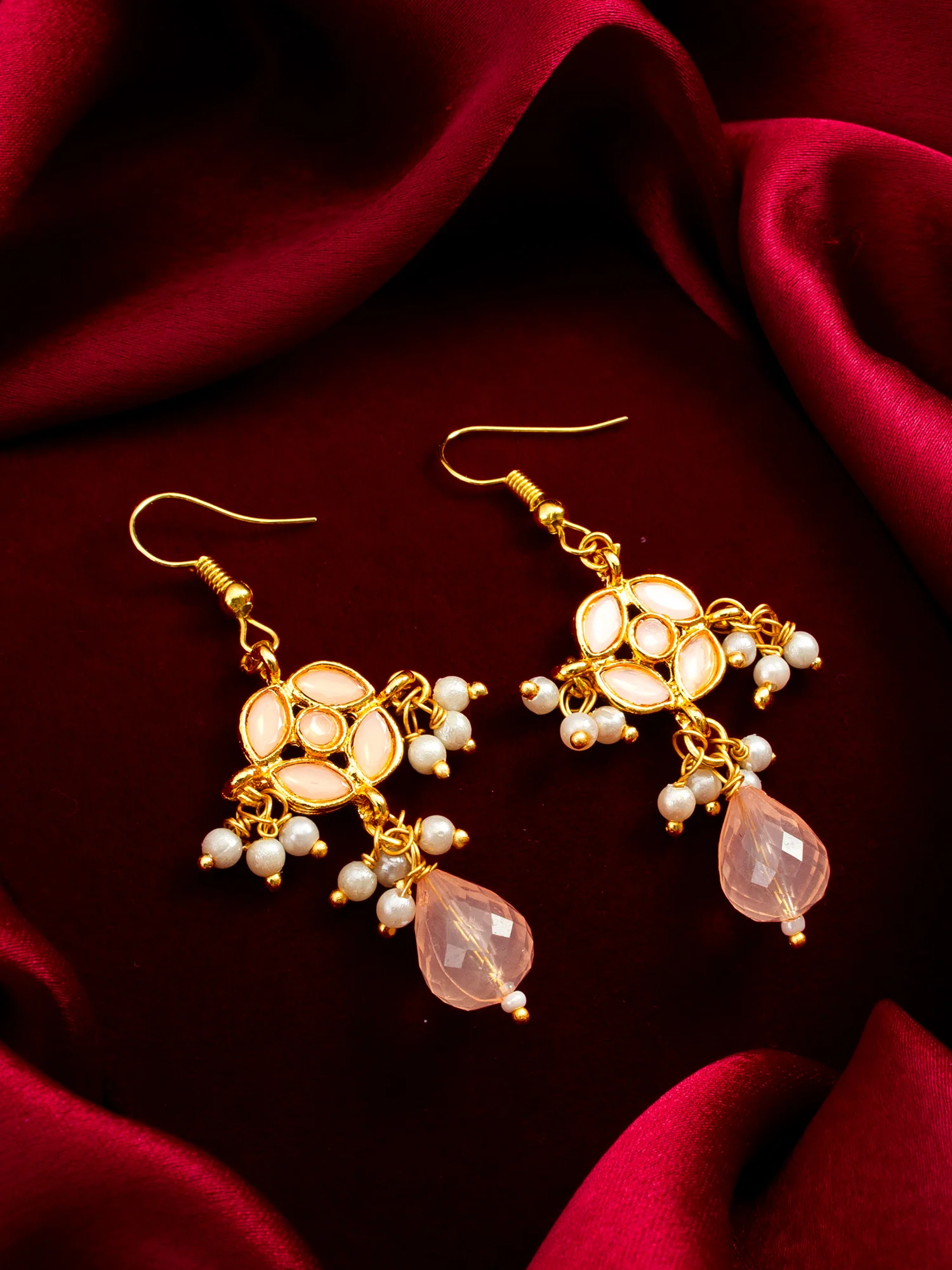 Gold-Toned Peach Floral Earrings with Pearl Drops and Crystal Dangle - Image 4
