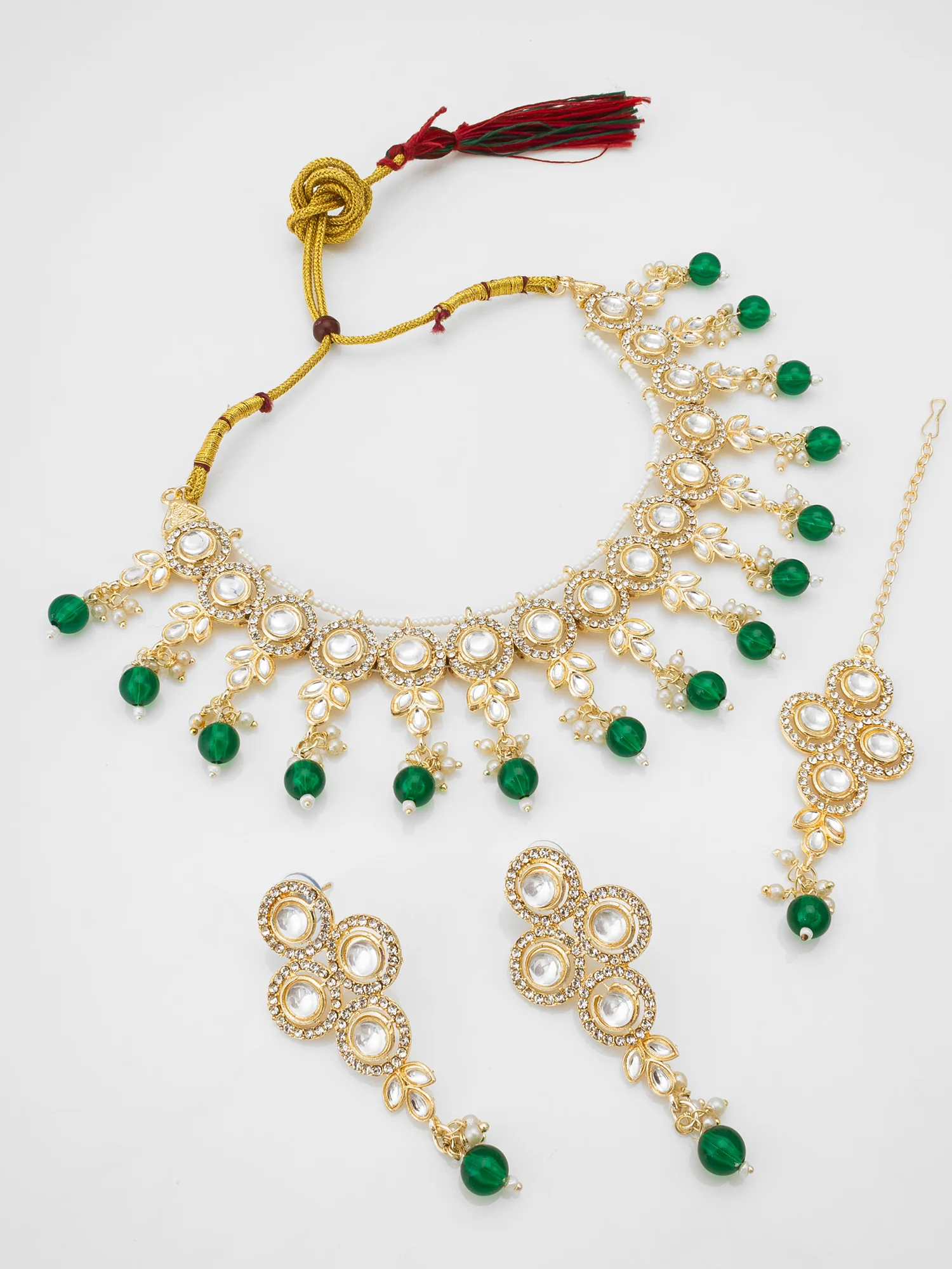 Green Beaded Kundan Choker Necklace Set with Earrings