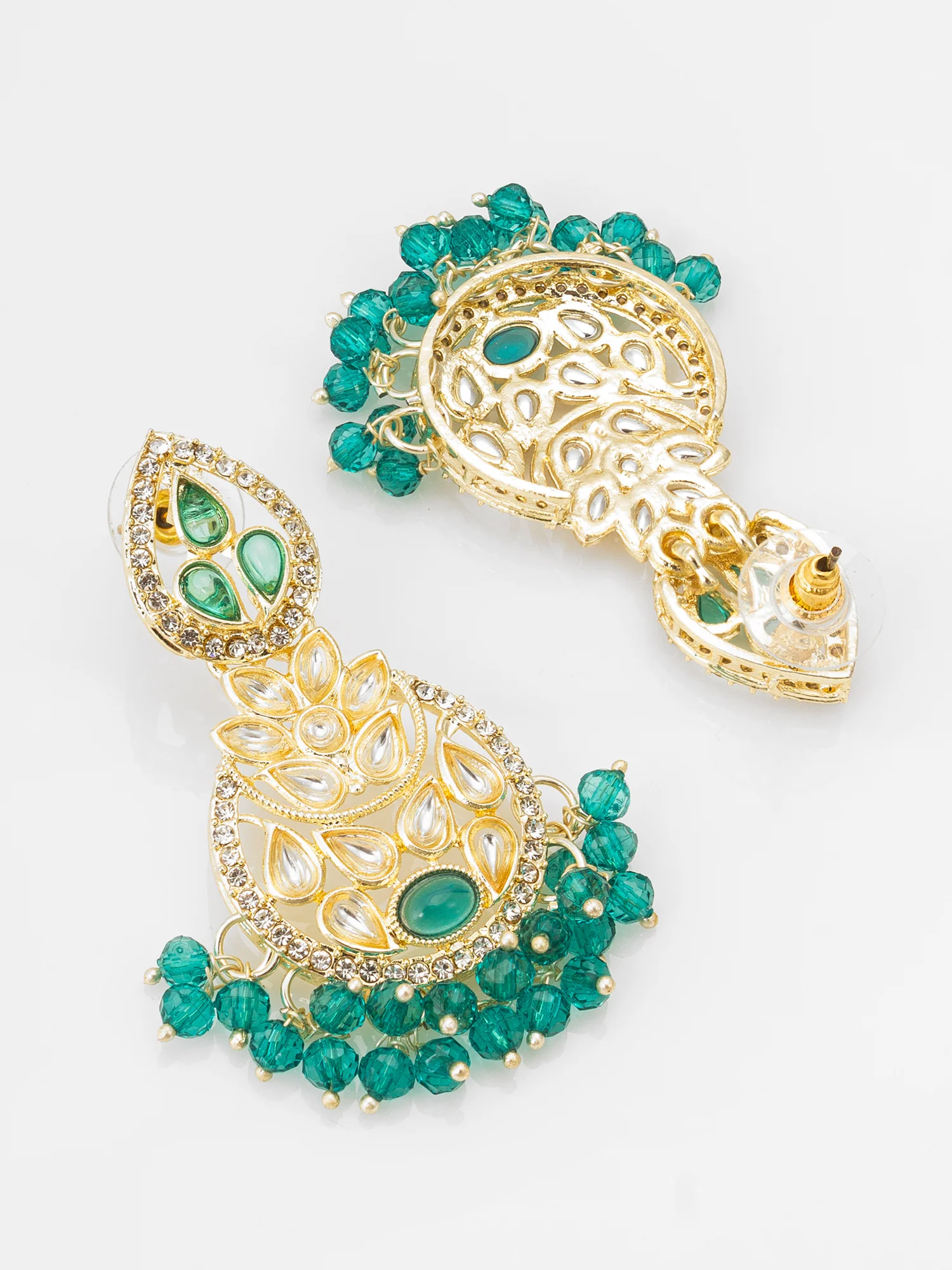 Green Kundan Floral Drop Earrings - Image 2