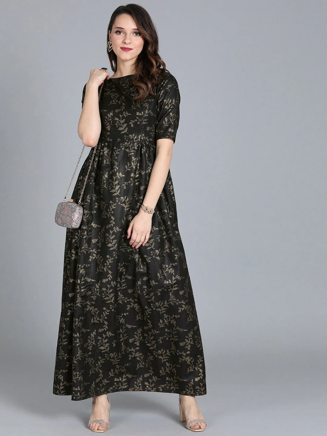 Bollywood Vogue Ready To Wear Black Printed Rayon Boat Neck Gown - Image 3