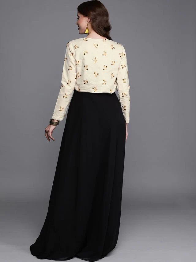 Bollywood Vogue Ready To Wear Off White N Black Embroidered Jacket Style Gown - Image 6