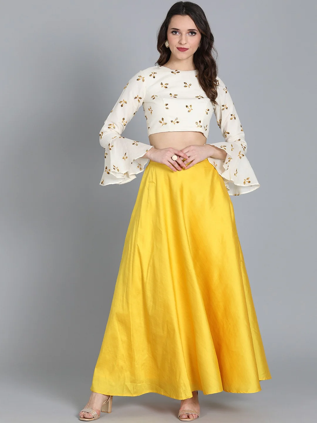 Bollywood Vogue Ready To Wear Off White Embroidered Crop Top N Skirt - Image 3