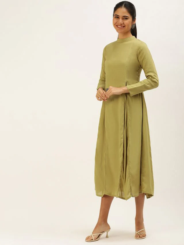 Bollywood Vogue Ready To Wear Collar Neck Calf Length Length Khaki Dress - Image 2