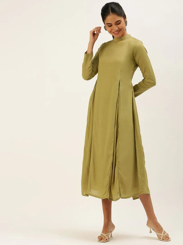 Bollywood Vogue Ready To Wear Collar Neck Calf Length Length Khaki Dress - Image 3