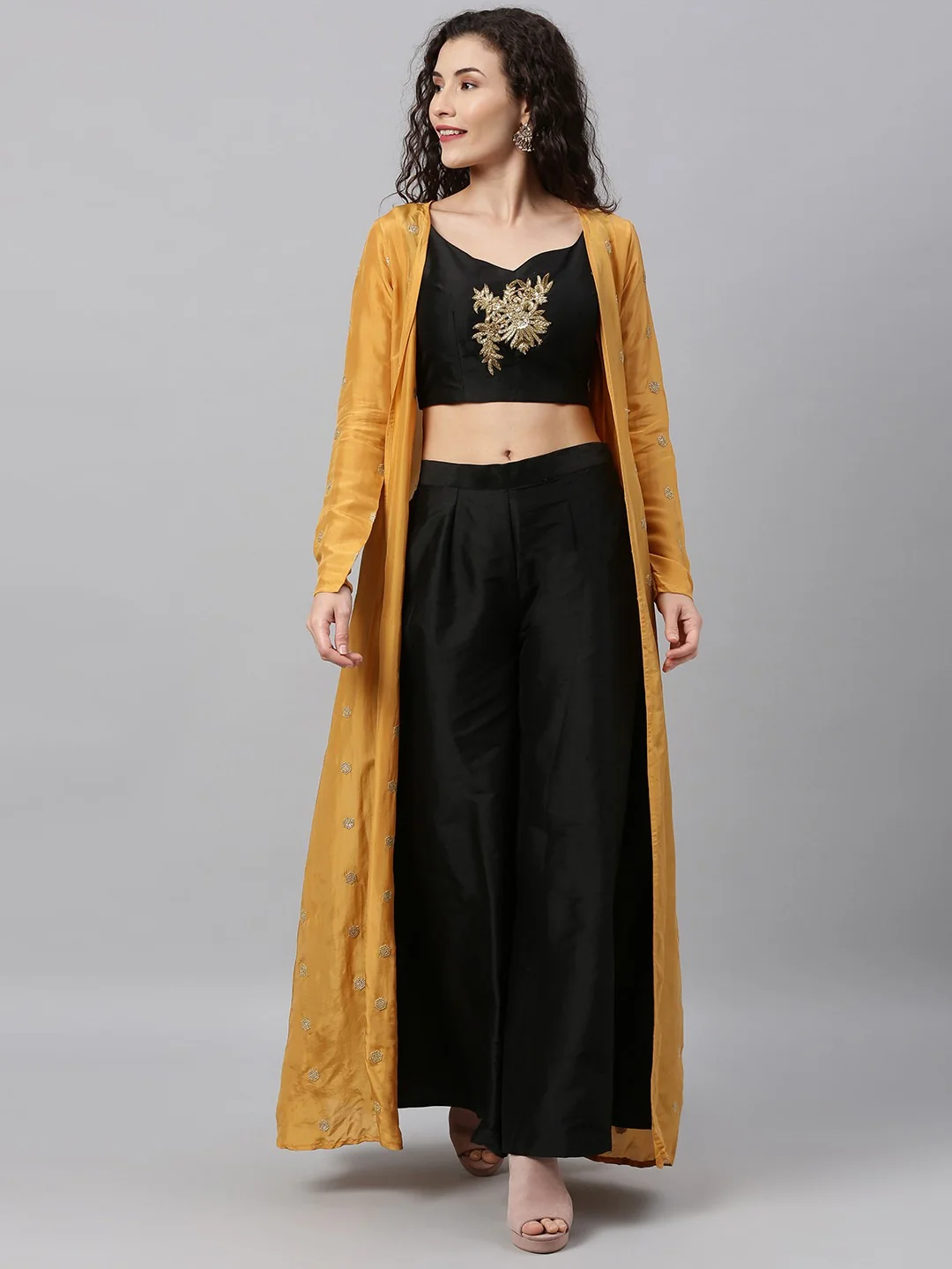 Bollywood Vogue Ready To Wear Embroidered Crop Top N Palazzo Bottom With Jacket