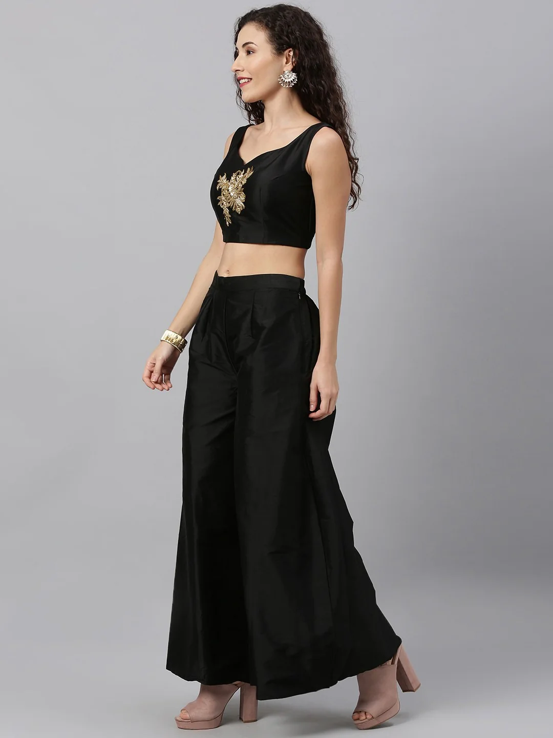 Bollywood Vogue Ready To Wear Embroidered Crop Top N Palazzo Bottom With Jacket - Image 7