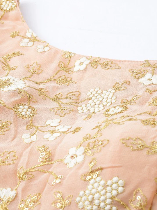 Bollywood Vogue Ready To Wear Peach Embroidered Round Neck Gown - Image 3