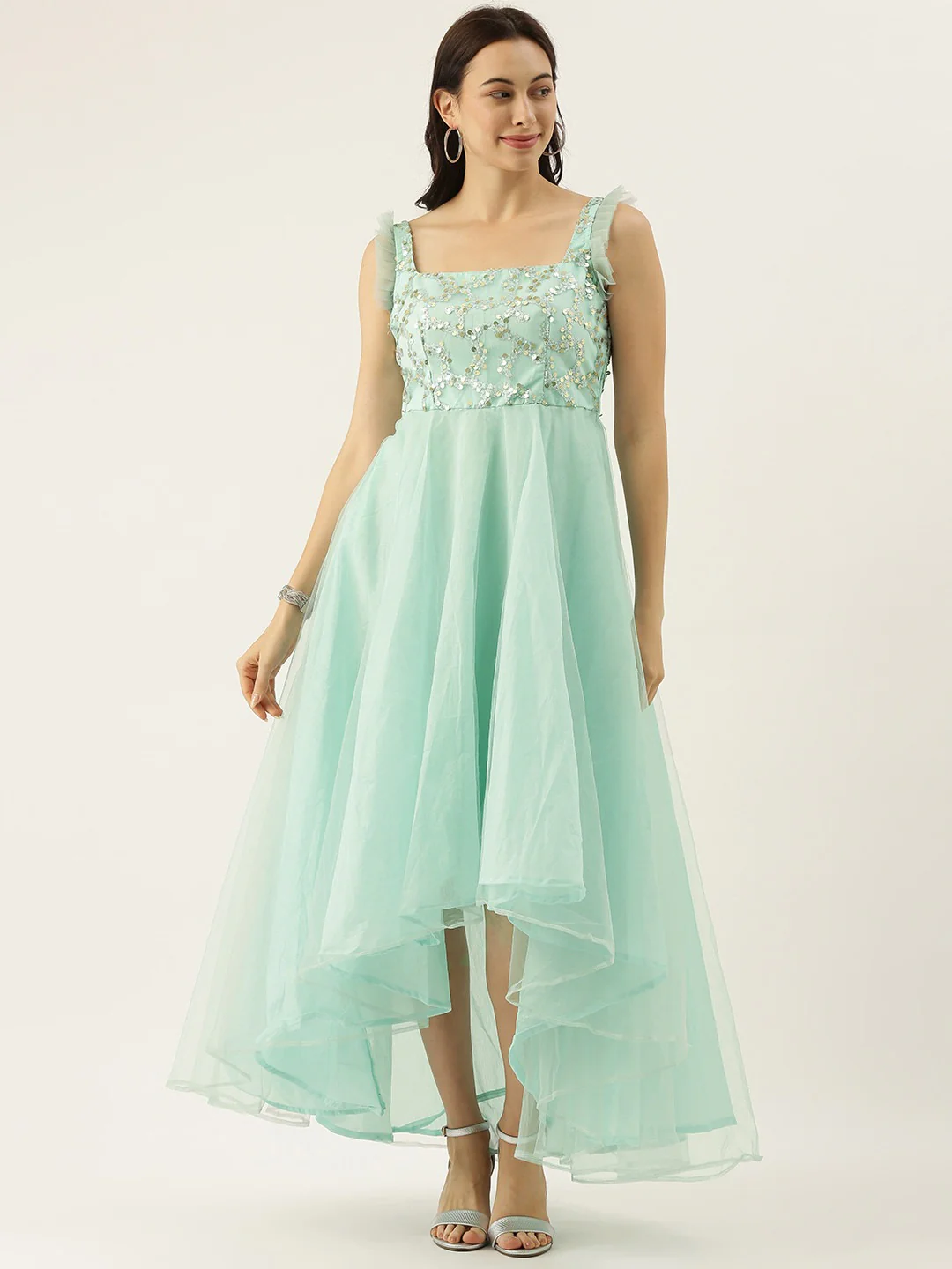 Bollywood Vogue Ready To Wear Sea Blue Embroidered Asymmetrical Gown