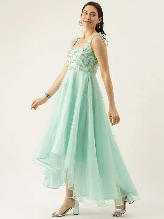 Bollywood Vogue Ready To Wear Sea Blue Embroidered Asymmetrical Gown - Image 3