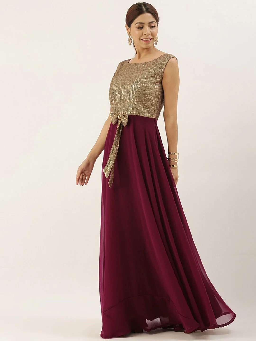 Bollywood Vogue Ready To Wear Gold Sequins N Purple Georgette Flared Gown - Image 5