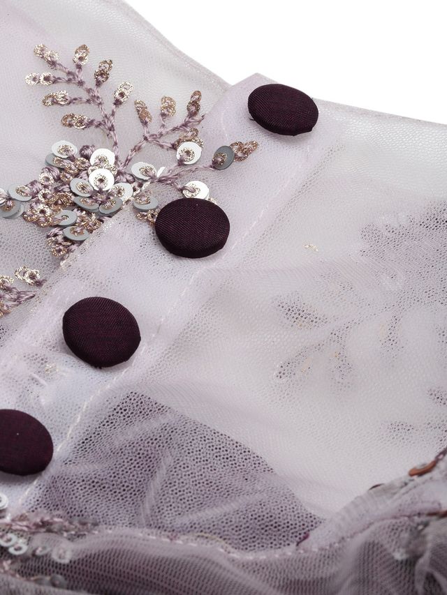 Bollywood Vogue Ready To Wear Mauve Net Embroidered Handkerchief Style Skirt Set - Image 5