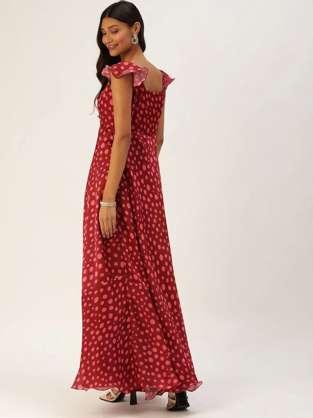 Bollywood Vogue Ready To Wear Maroon Satin Printed Bell Sleeve Gown - Image 2