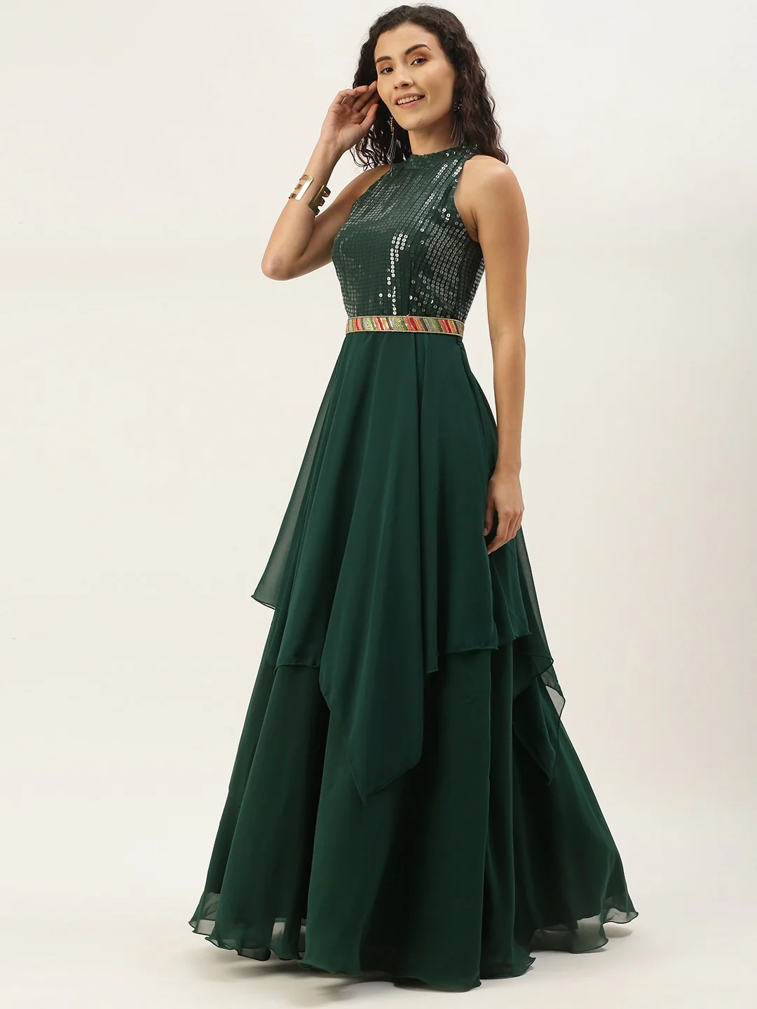Bollywood Vogue Ready To Wear Green Sequins Handkerchief Gown - Image 4