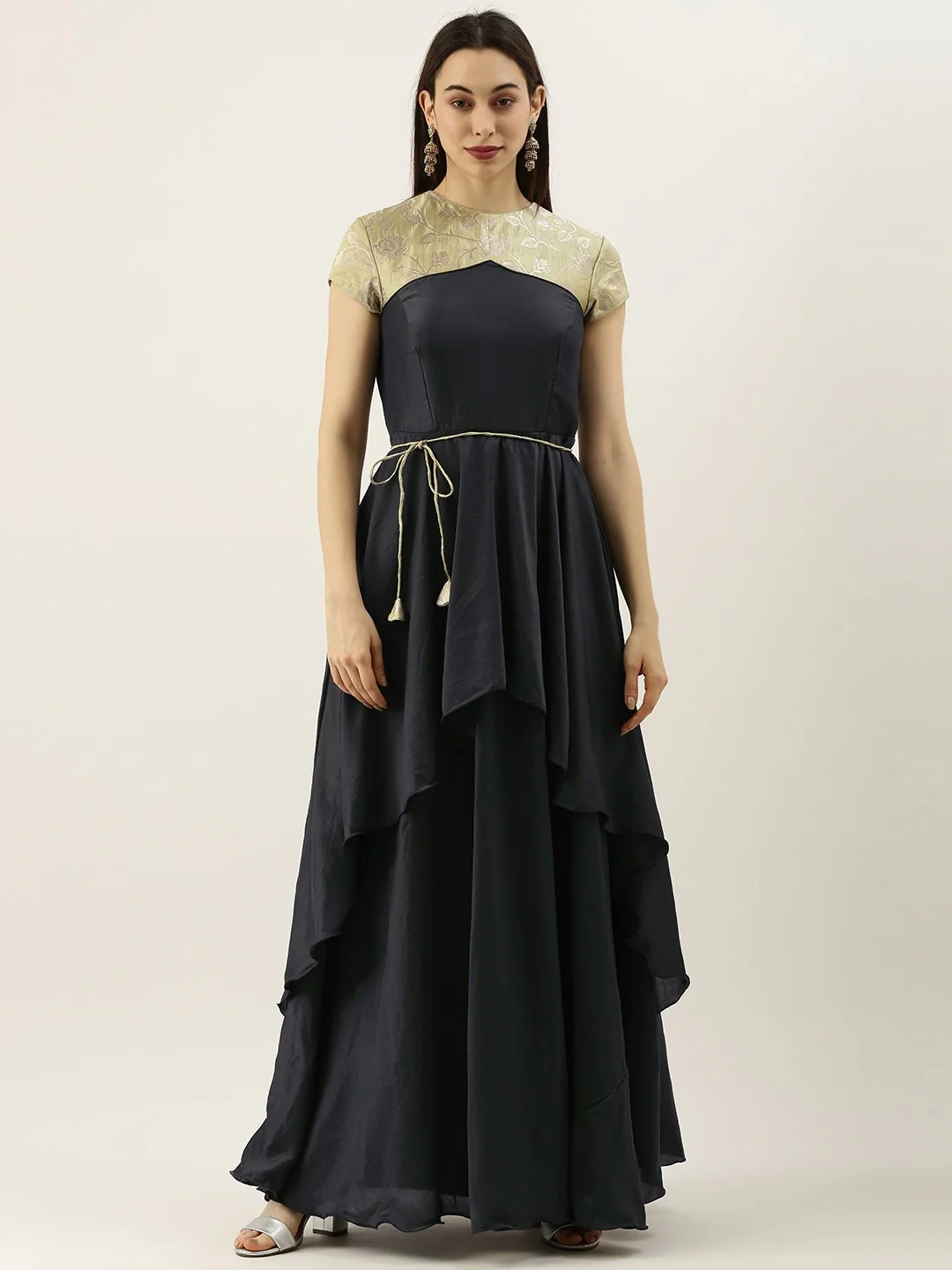 Bollywood Vogue Ready To Wear Green N Dark Grey Layered Floor Length Gown - Image 4