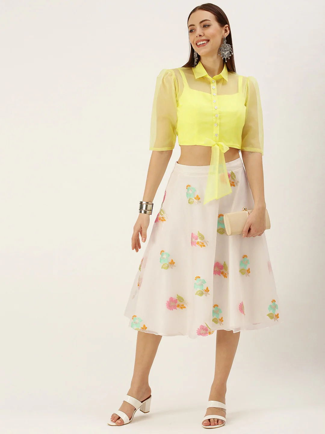 Bollywood Vogue Ready To Wear Floral Organza Skirt Blouse With Jacket Set