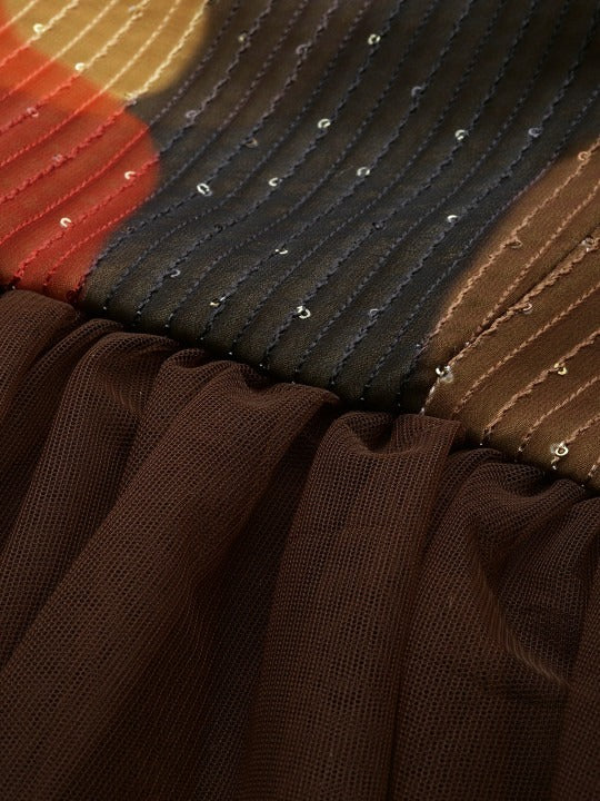 Bollywood Vogue Ready To Wear Multicolored Embroidered N Brown Net Gown - Image 4