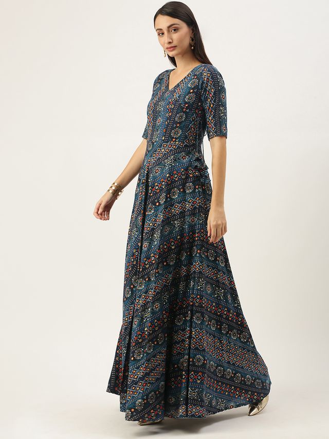Bollywood Vogue Ready To Wear Dark Blue Printed Angarkha Gown - Image 2