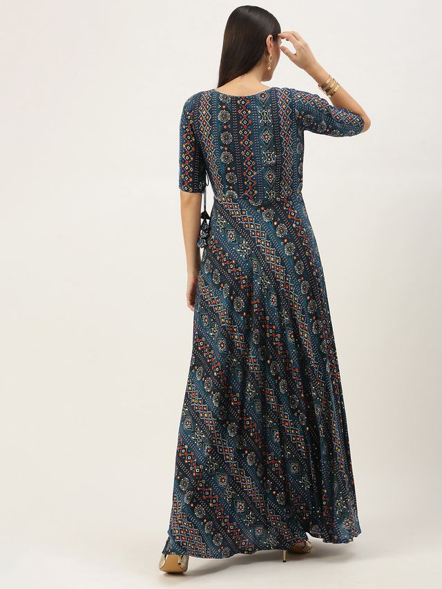Bollywood Vogue Ready To Wear Dark Blue Printed Angarkha Gown - Image 7