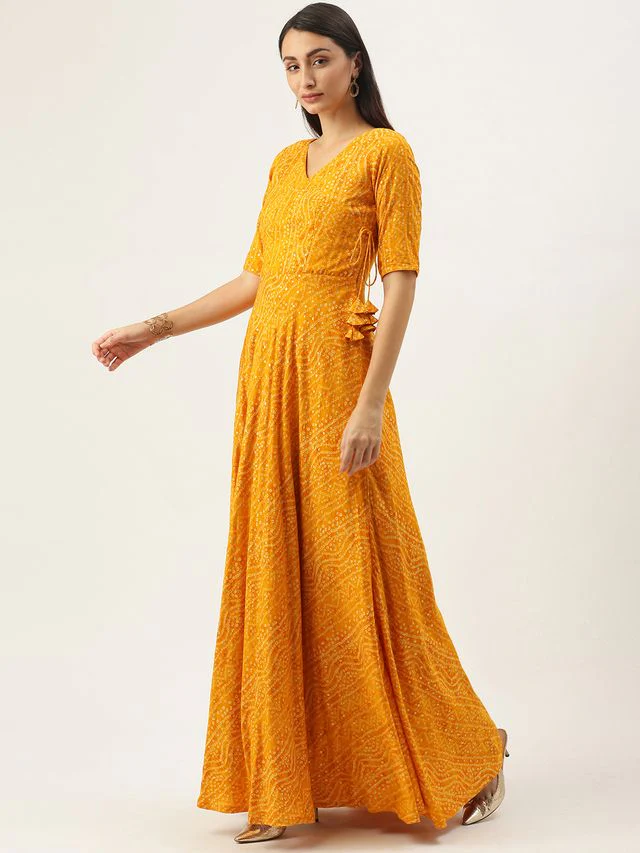 Bollywood Vogue Ready To Wear Yellow Printed Angarkha Gown - Image 2