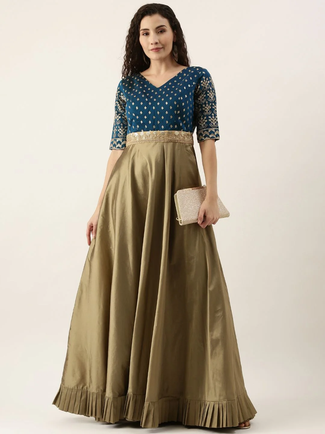 Bollywood Vogue Ready To Wear Blue Chanderi N Prairie Sand Floor Length Gown