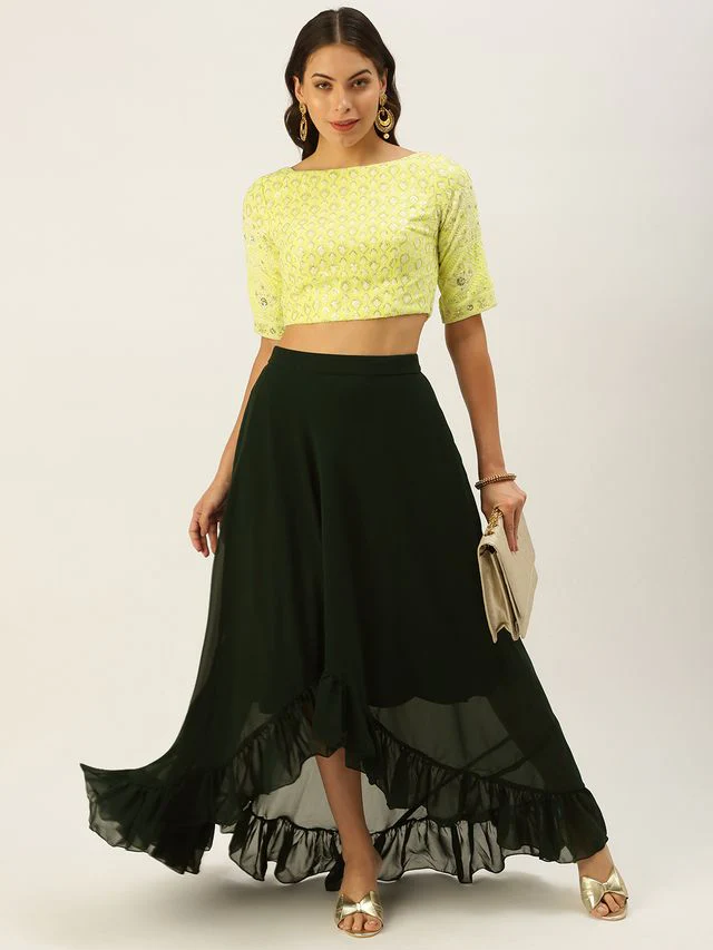 Bollywood Vogue Ready To Wear Lemon Yellow Embroidered Crop Top N Skirt