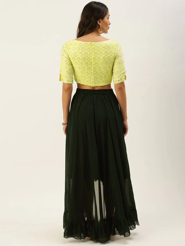 Bollywood Vogue Ready To Wear Lemon Yellow Embroidered Crop Top N Skirt - Image 3