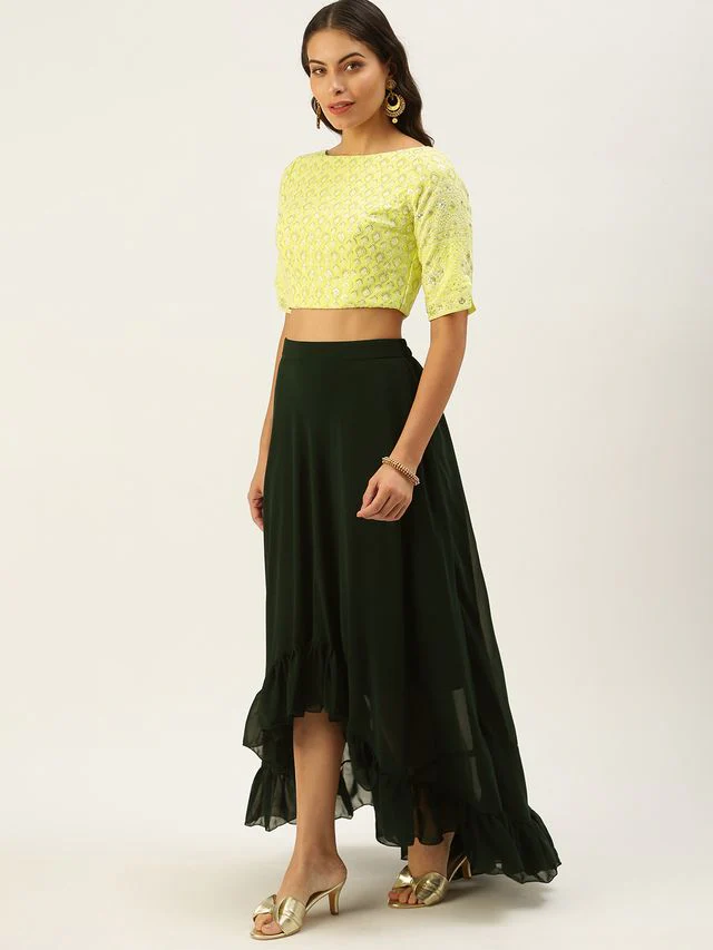 Bollywood Vogue Ready To Wear Lemon Yellow Embroidered Crop Top N Skirt - Image 4