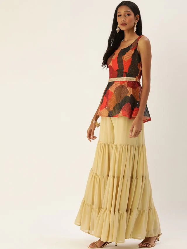 Bollywood Vogue Ready To Wear Multicolored Embroidered Peplum Top N Palazzo Set - Image 2