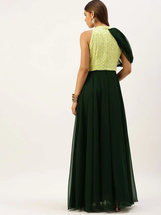 Bollywood Vogue Ready To Wear Bottle Green N Yellow Halter Neck Gown - Image 6