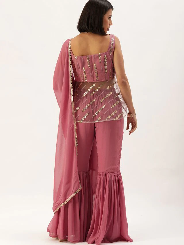 Bollywood Vogue Ready To Wear Mauve Embroidered Square Neck Gharara Suit - Image 7