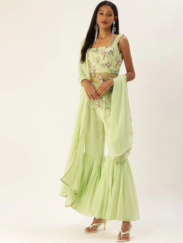 Bollywood Vogue Ready To Wear Green Embroidered Square Neck Gharara Suit