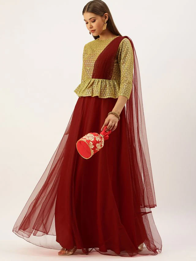 Bollywood Vogue Ready To Wear Gold N Red Embroidered Net Layered Gown - Image 2