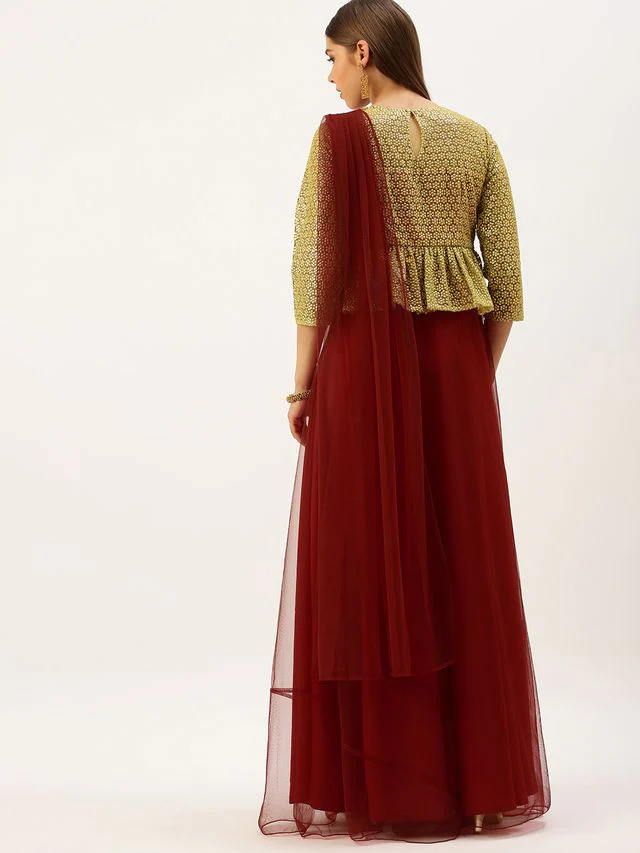 Bollywood Vogue Ready To Wear Gold N Red Embroidered Net Layered Gown - Image 4