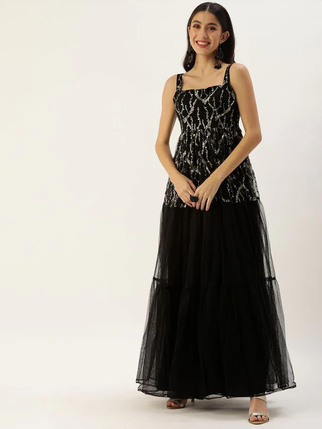 Bollywood Vogue Ready To Wear Black Tiered Gathers Embroidered Gown - Image 3