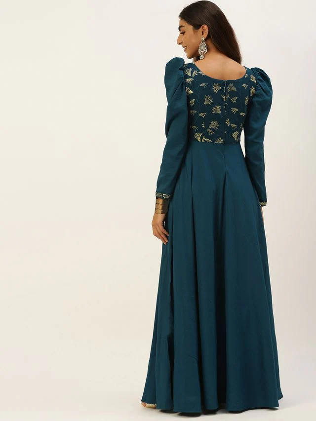 Bollywood Vogue Ready To Wear Teal Blue Georgette Embroidered N Art Silk Gown - Image 2