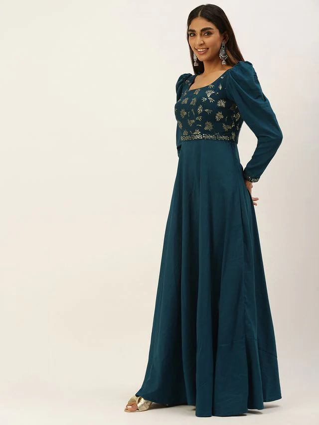 Bollywood Vogue Ready To Wear Teal Blue Georgette Embroidered N Art Silk Gown - Image 3