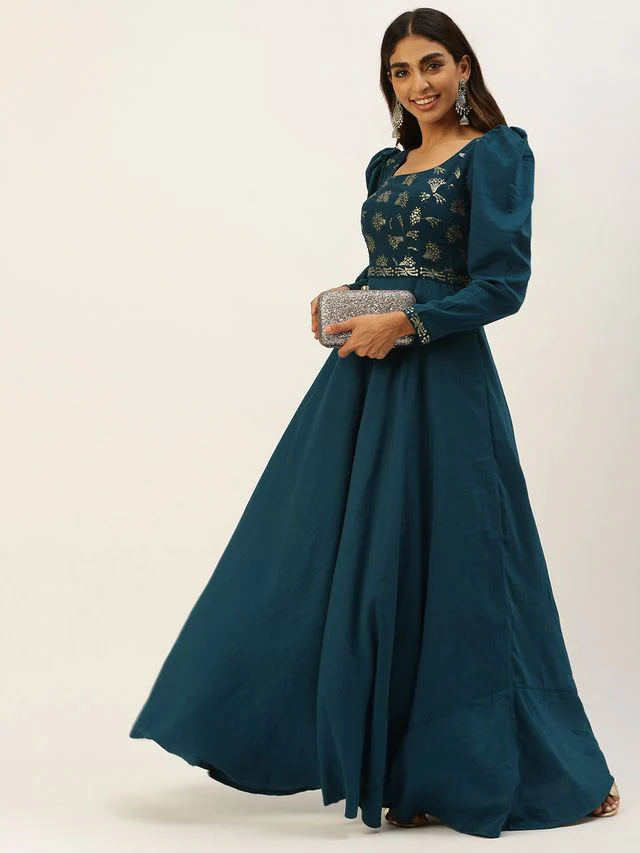 Bollywood Vogue Ready To Wear Teal Blue Georgette Embroidered N Art Silk Gown - Image 4