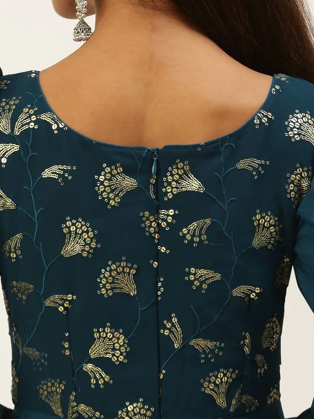 Bollywood Vogue Ready To Wear Teal Blue Georgette Embroidered N Art Silk Gown - Image 6