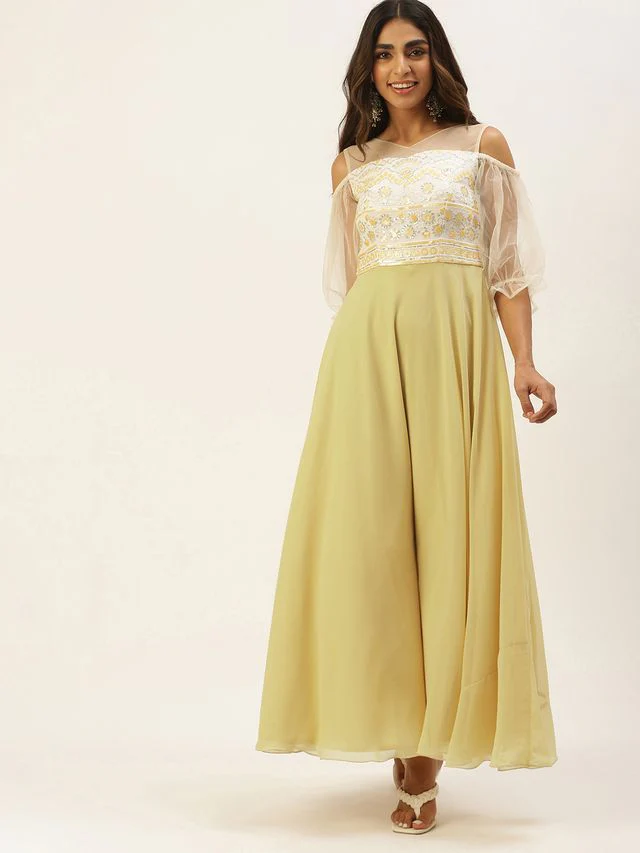 Bollywood Vogue Ready To Wear White N Beige Embroidered Sequins Gown - Image 2