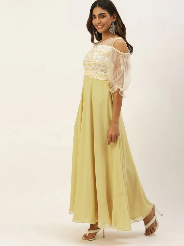Bollywood Vogue Ready To Wear White N Beige Embroidered Sequins Gown - Image 4