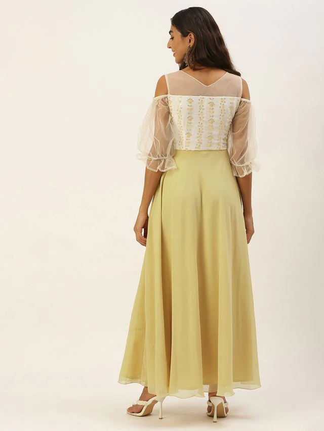 Bollywood Vogue Ready To Wear White N Beige Embroidered Sequins Gown - Image 5